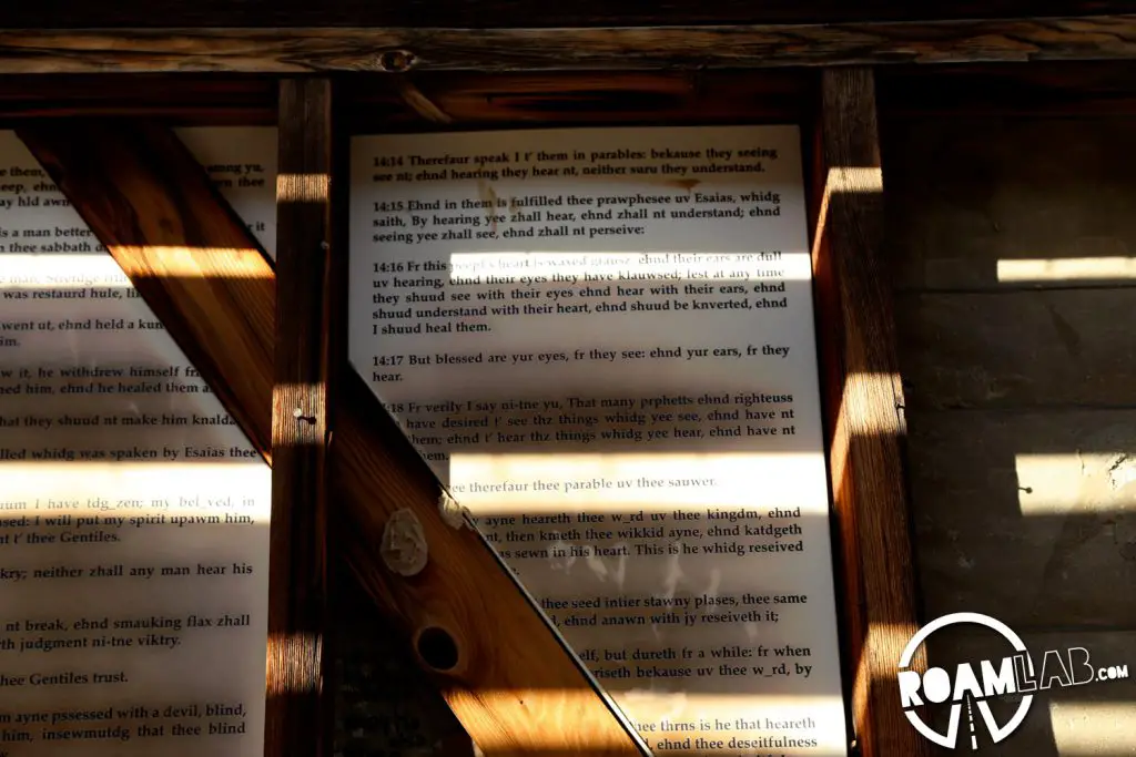 Religious excerpts posted on the walls of the "Kabin" with proper annotation.  