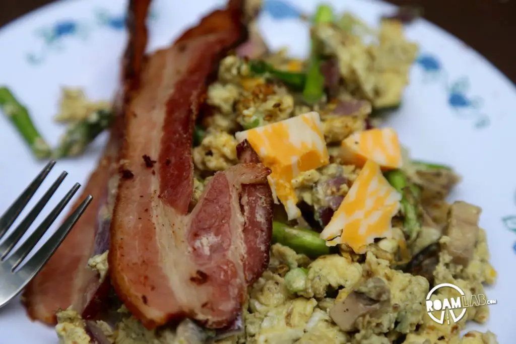 Our complete breakfast of bacon and eggs, ready to eat.