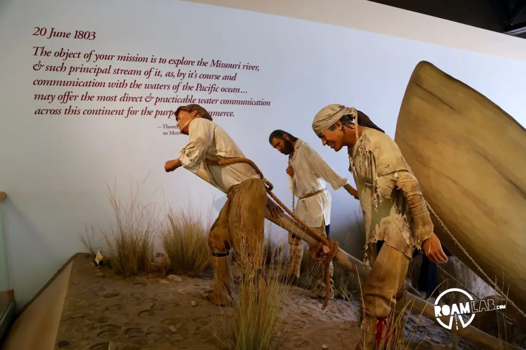 Diorama of the Corps of Discovery portaging their boats and equipment around the Great Falls.