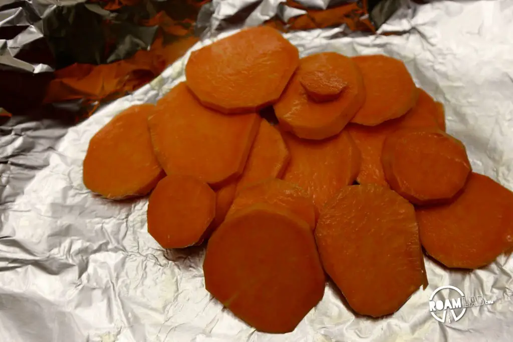 Drizzled olive oil and sprinkled salt over a sweet potato. Getting those veggies in with some roasted sweet potato and kale.