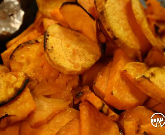 Roasted sweet potato, ready to eat! Getting those veggies in with some roasted sweet potato and kale.