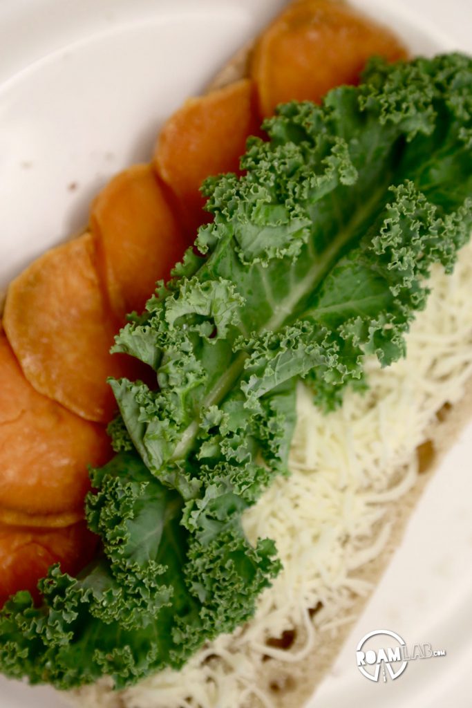 Kale, sweet potato, and cheese all prepped. A vegetarian-friendly sandwich for the campfire: Grilled Sweet Potato & Kale Baguette