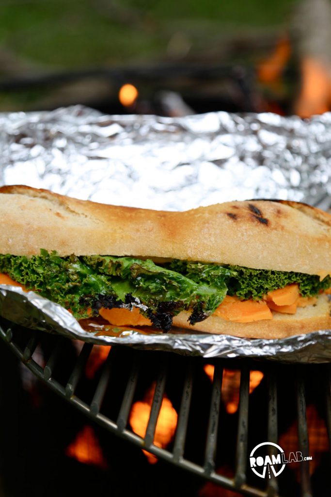 A vegetarian-friendly sandwich for the campfire: Grilled Sweet Potato, Kale, & Goat Cheese Baguette