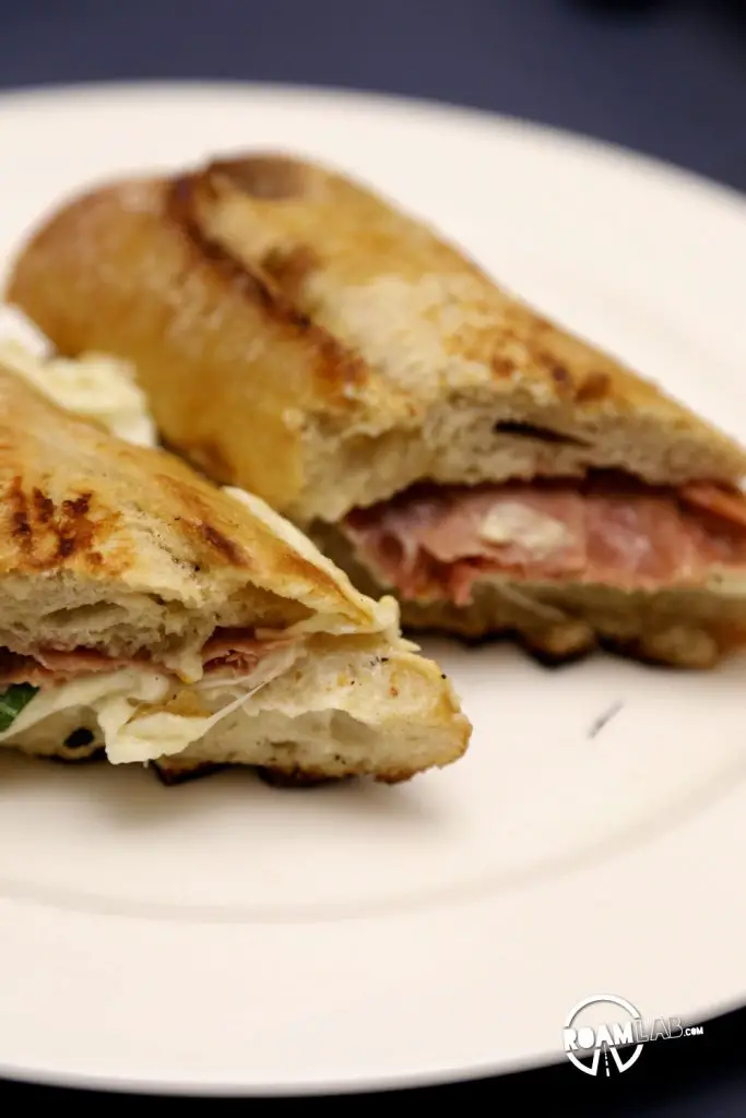 Ready to eat! The making of a delicious Class in the Campground Prosciutto Mozzarella Sandwich.