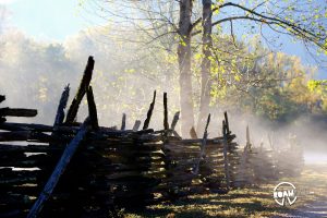 The dawn mist lay heavily over the Mountain Farm Museum in the Great Smoky Mountains National Park