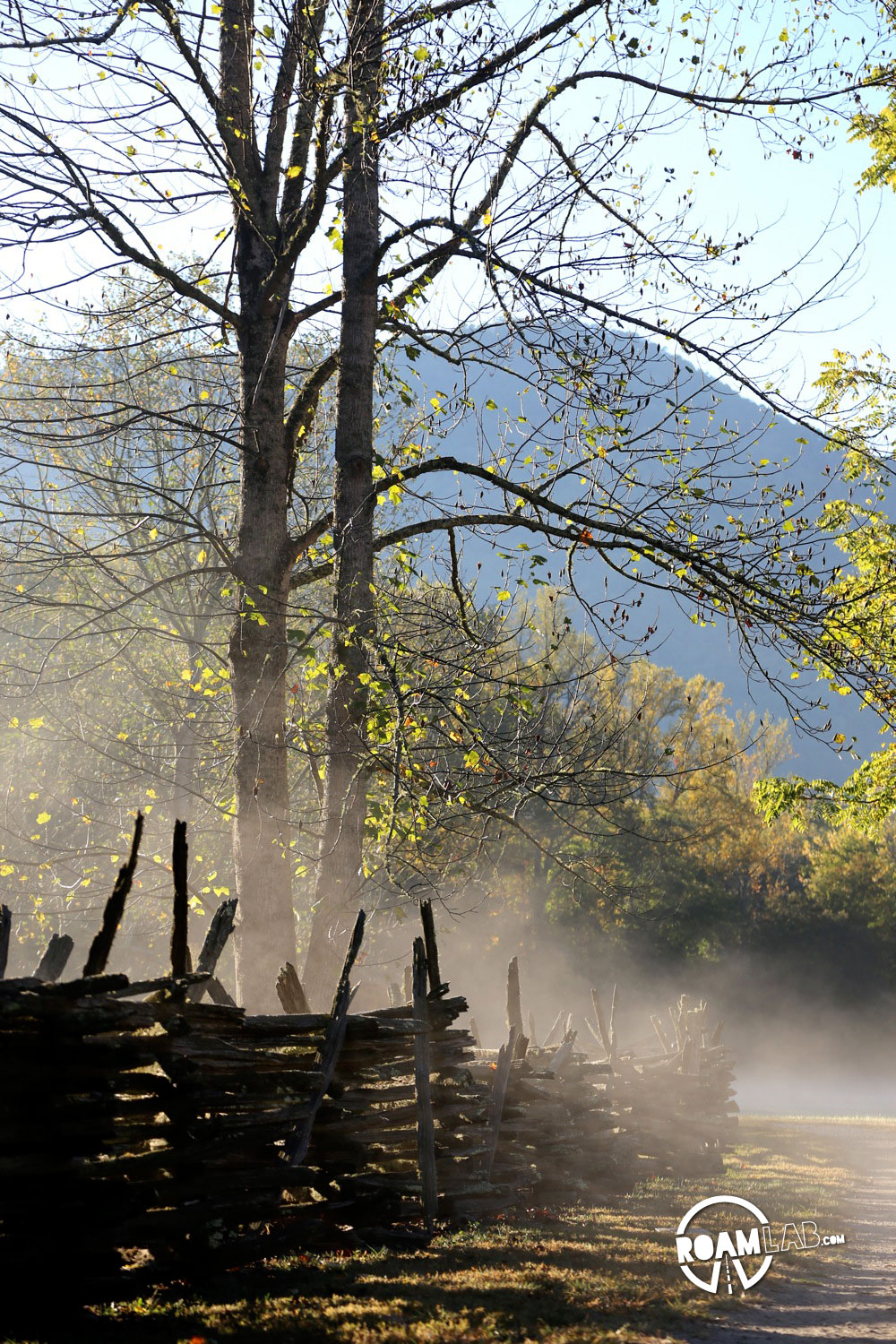 The dawn mist lay heavily over the Mountain Farm Museum in the Great Smoky Mountains National Park