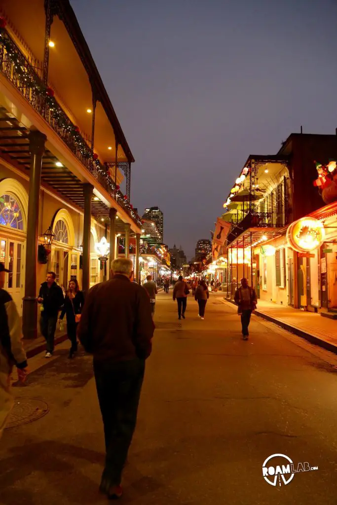 Walking along Bourbon Street in New Orlean's French Quarter.