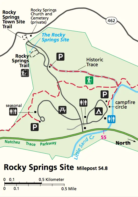 Map of Rocky Springs town site, campground, and hiking trails.