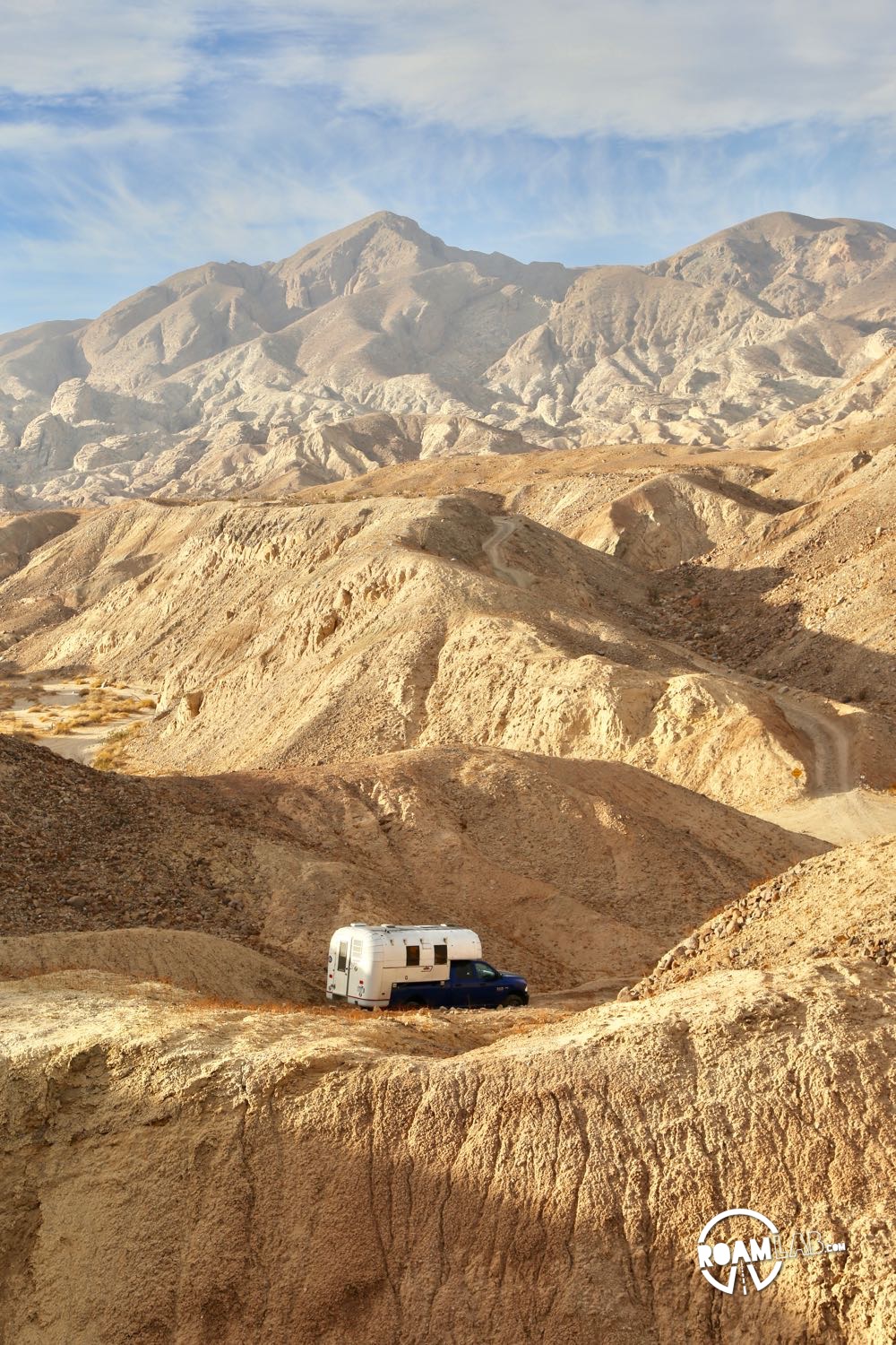 Descending into a wash with our Avion Ultra C11 truck camper on the way to Palm Slot Canyon in Anza-Borrego Desert State Park
