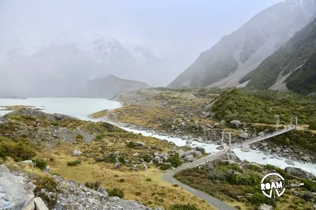 Contending against gale force winds to see a glacier on the Hooker's Valley Track along the Southern Alps in Aoraki/Mount Cook National Park.
