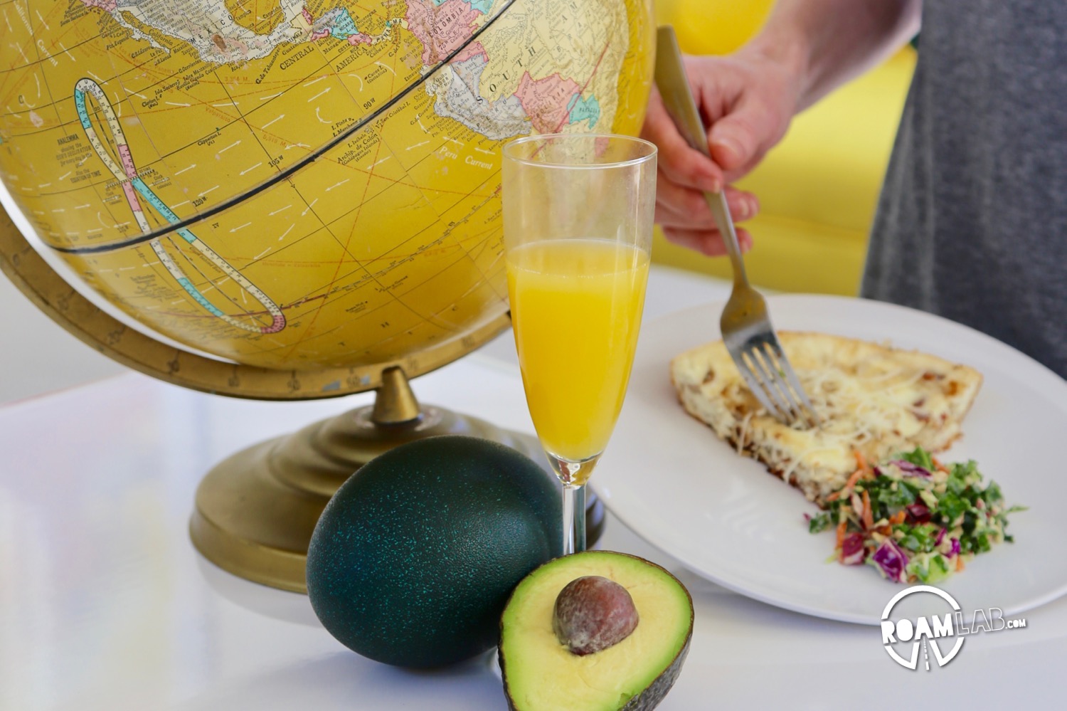 An emu egg can feed between four and six people. We picked one up at OstrichLand USA to make an emu egg omelette for our next host.