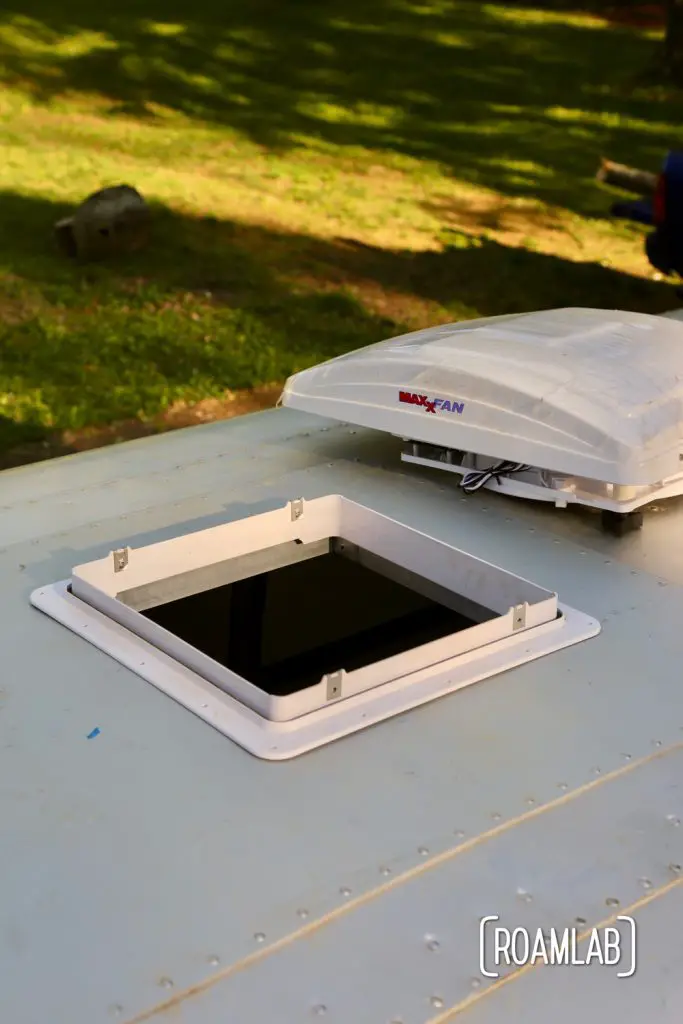 Fan frame in place for a DIY MaxxAir Fan installation.