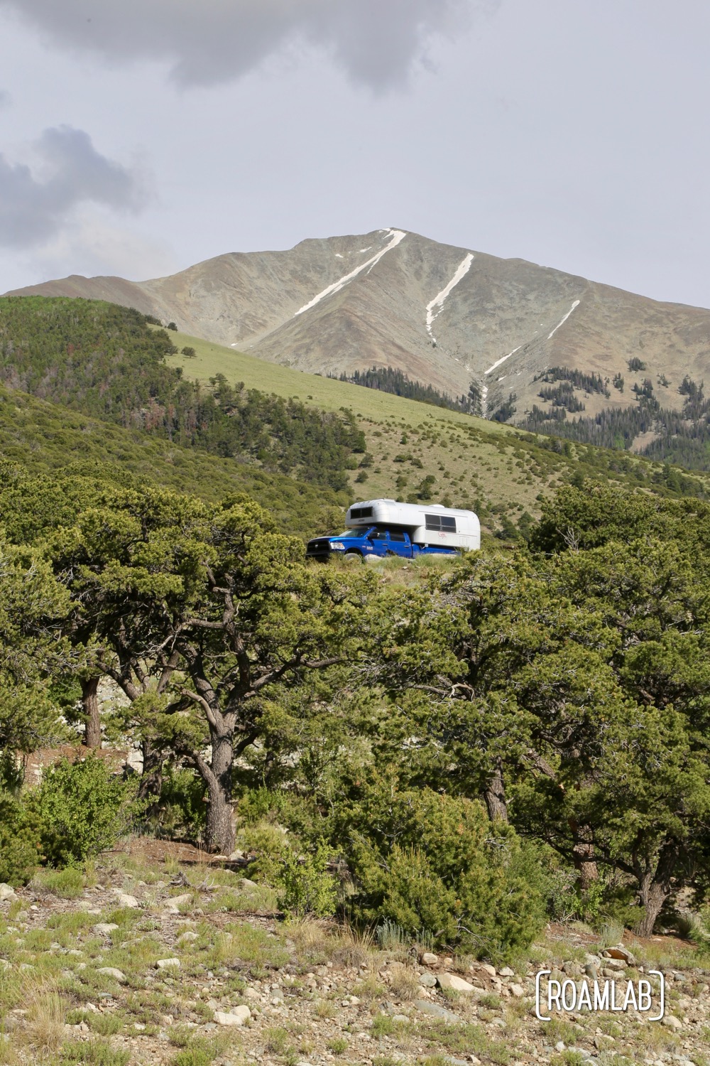 Perched in a truck camper at Zapata Falls Campground, outside Great Sand Dunes National Park, Colorado.