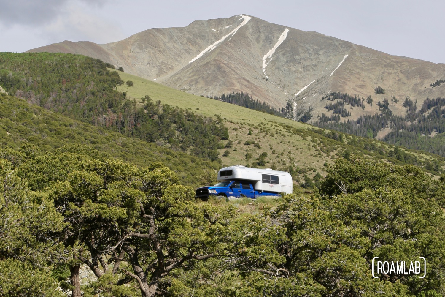 Perched in a truck camper at Zapata Falls Campground, outside Great Sand Dunes National Park, Colorado.