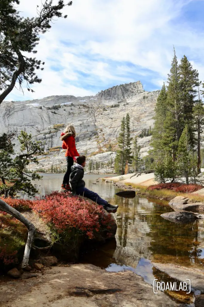 Hiking Cathedral Lakes Trail from Tuolumne Meadows to Lower Cathedral Lake, surrounded by Cathedral, Echo, and Tresidder Peaks in Yosemite National Park.