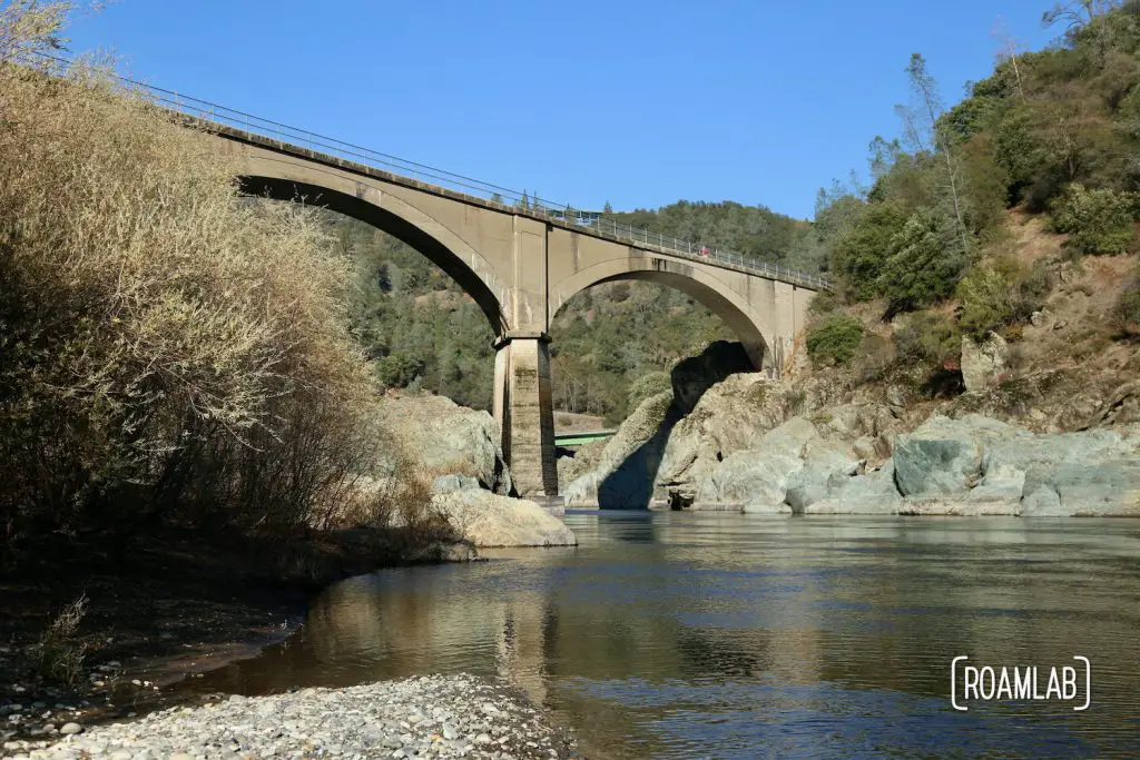 No Hands Bridge off highway 49 is a hiking destination crossing the North Fork of the American River in the California's Auburn State Recreation Area.