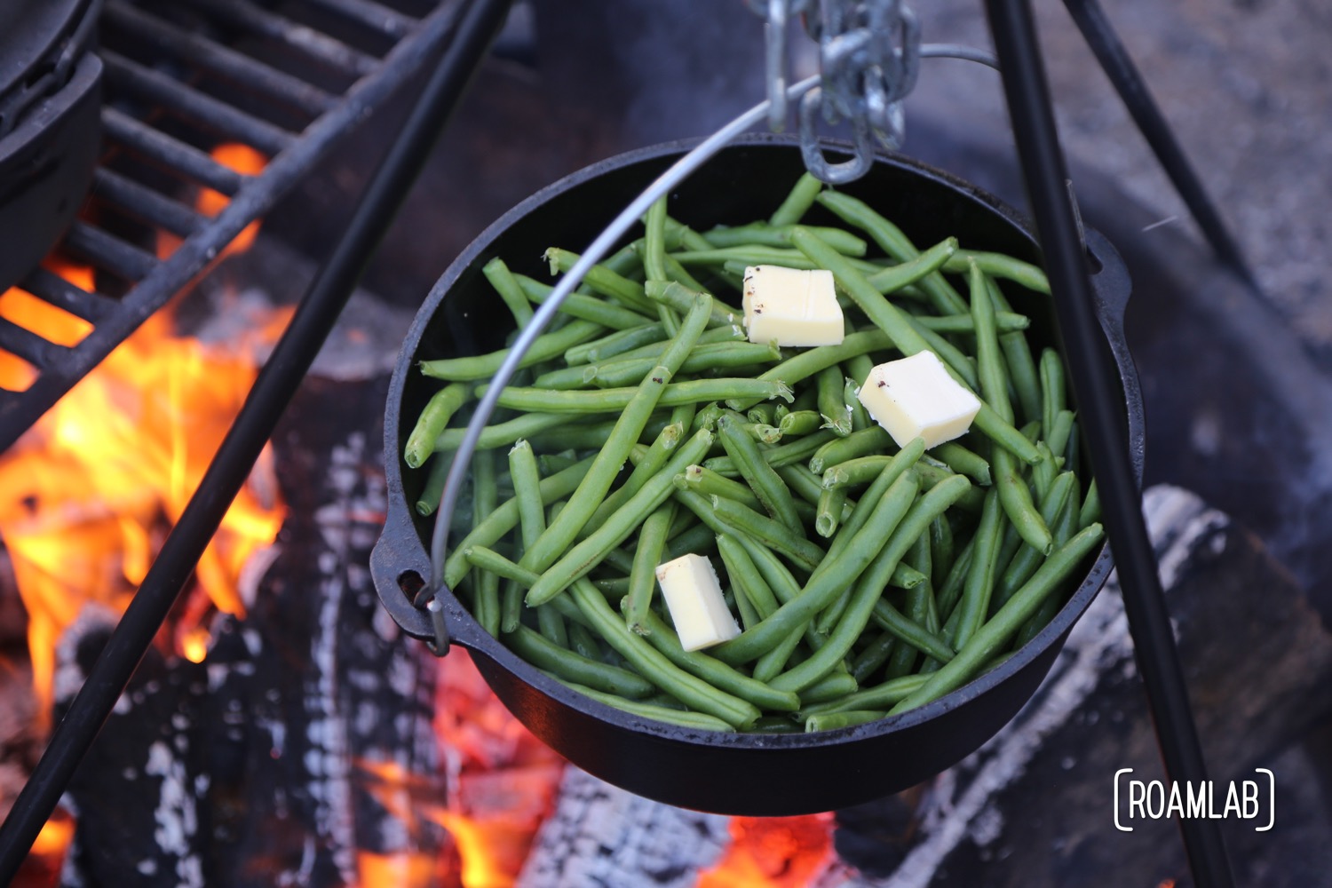 Buttery green beans over the campfire