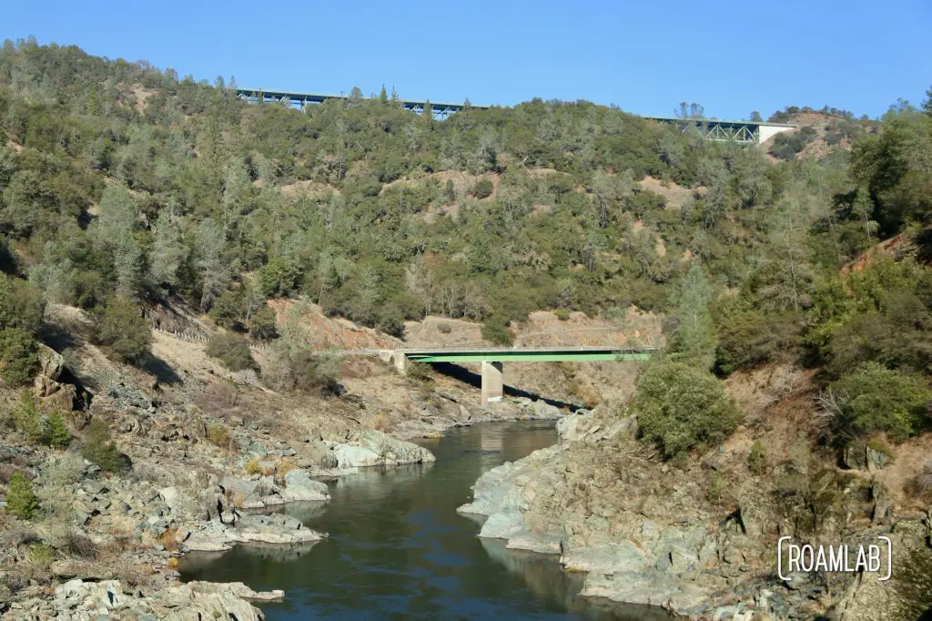 No Hands Bridge off highway 49 is a hiking destination crossing the North Fork of the American River in the California's Auburn State Recreation Area.