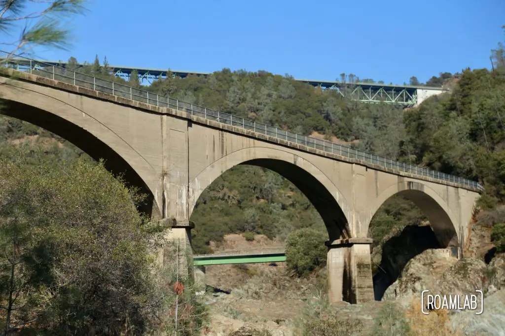 No Hands Bridge off highway 49 is a hiking destination crossing the North Fork of the American River in the California's Auburn State Recreation Area.