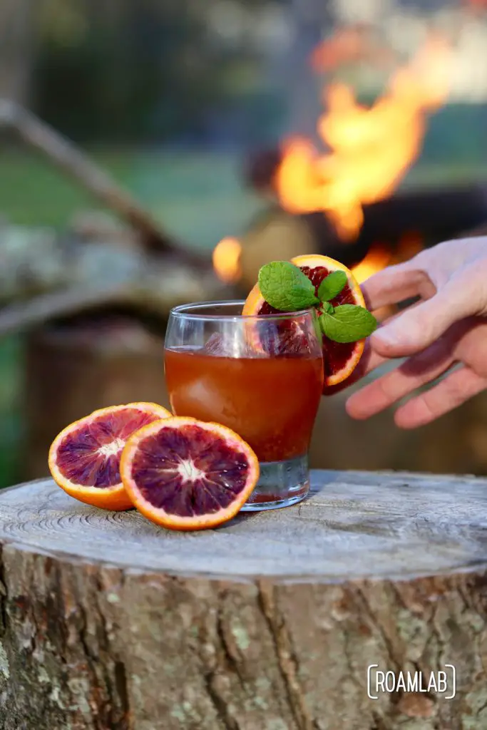 Blood Orange & Bourbon campfire cocktail
