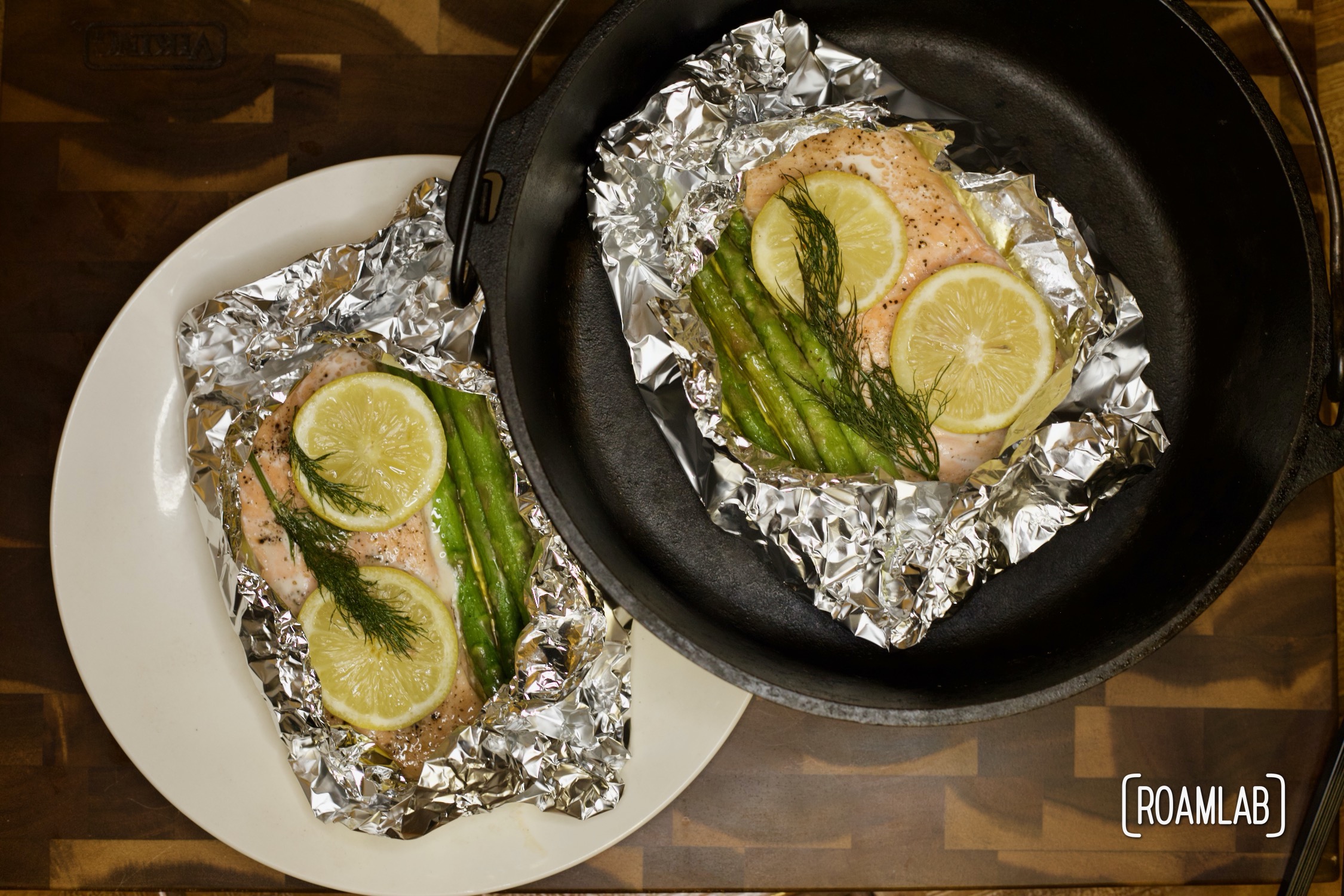 Enjoy this simple seafood course with our tin foil salmon campfire cooking dinner recipe. Add veggies with the fillet to make a full meal in one packet.