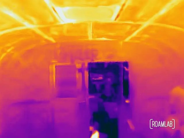 Rear thermal view of the Avion featuring the back door (open), a small back window, and the ceiling fan. (86.4-116.6°F)