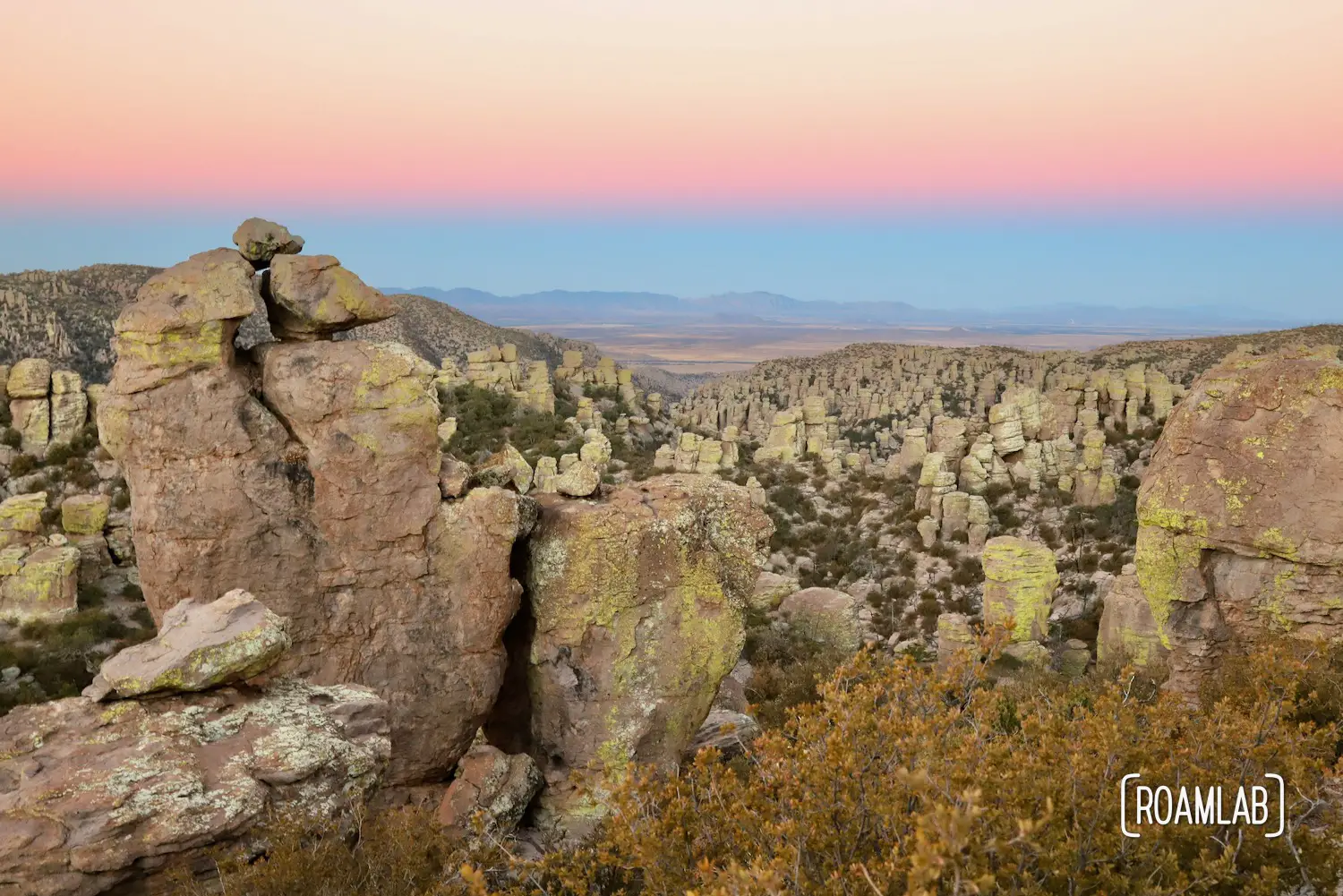 Sunrise over a valley of hoodoos along Echo Canyon Loop Trail at Chiricahua National Monument Arizona