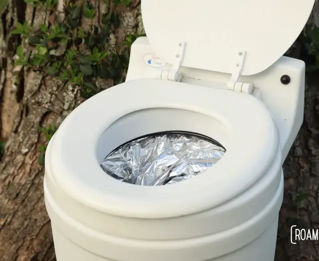 Laveo By Dry Flush toilet with cartridge installed, sitting in front of an ivy covered tree.