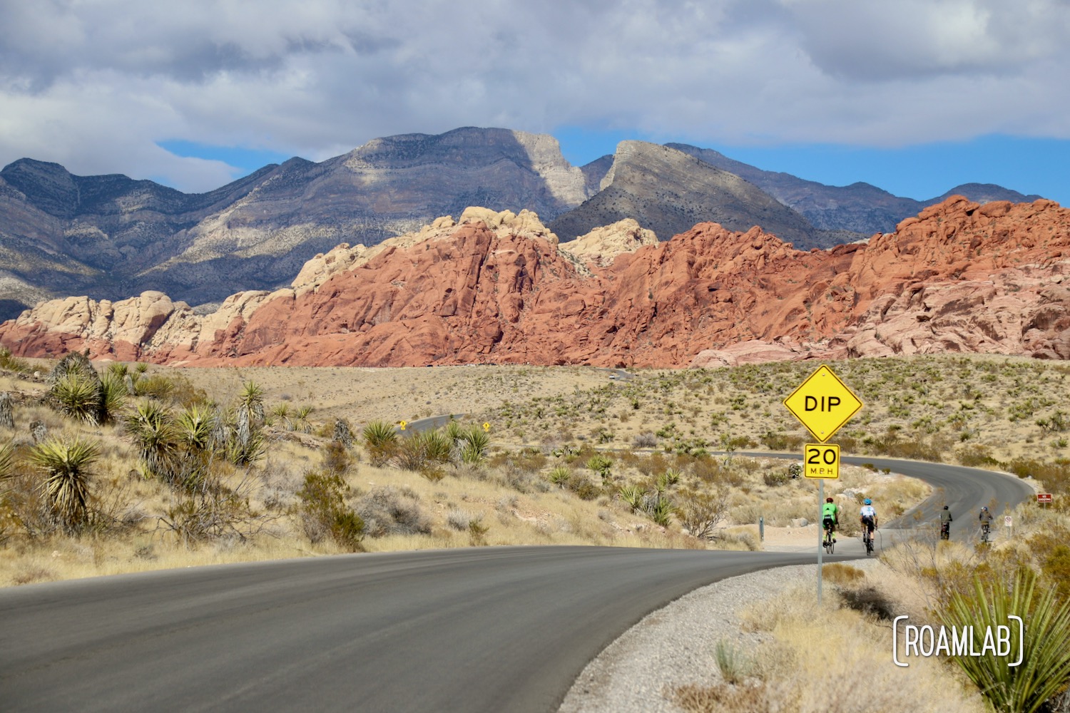 Two cyclists traveling down a paved road winding toward red rock cliffs.