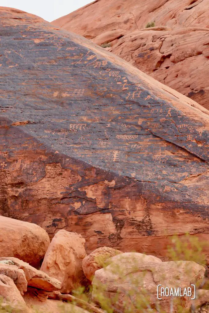 Boulder covered with petroglyphs along the Mouse Tank's Valley of Fire State Park.