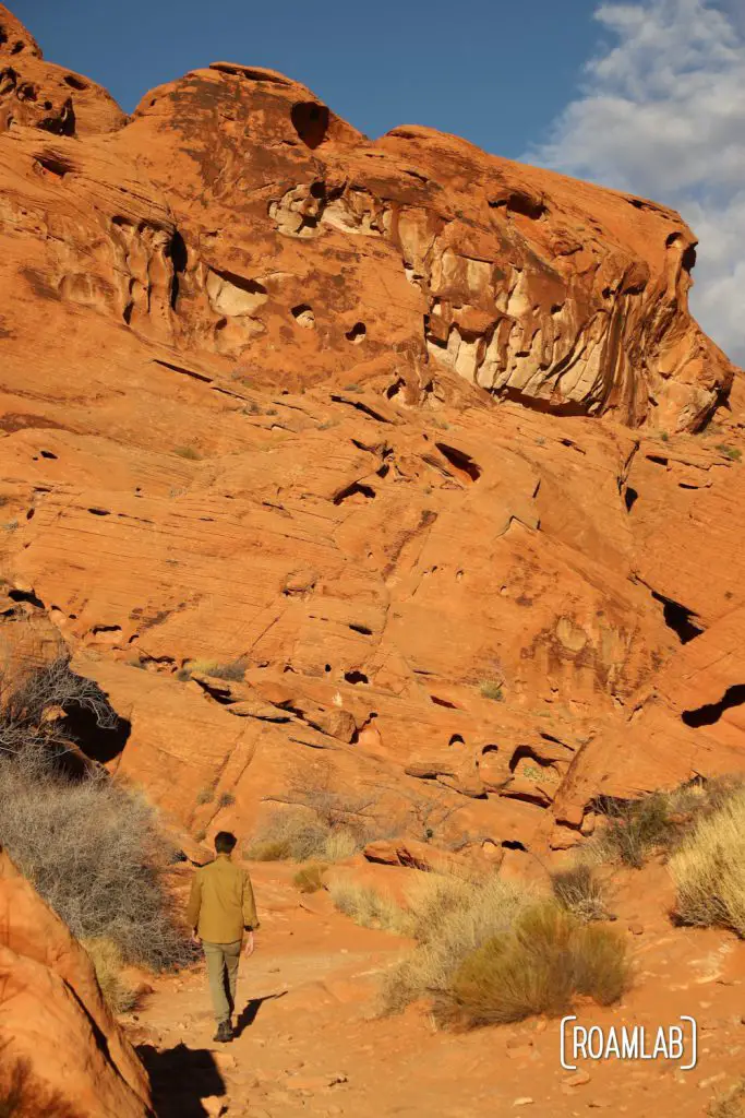 Man dwarfed by the red cliffs of Mouse Tank Trail in Valley of Fire State Park.