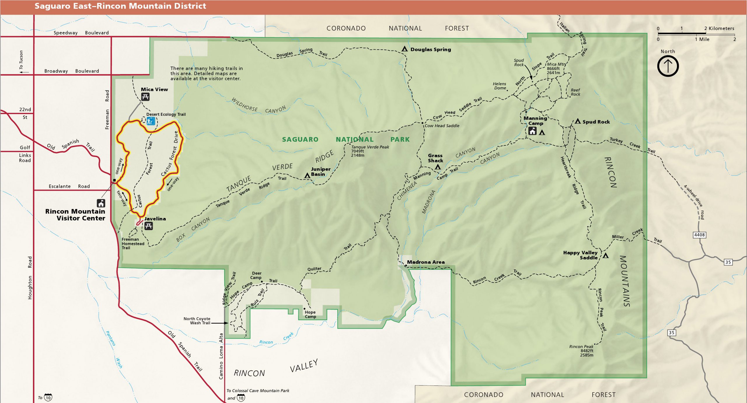 Map of Rincon Mountain district (East Saguaro National Park).