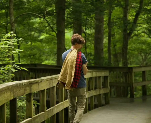 Man strolling down the shady boardwalk of the Heritage Trail Loop in Kentucky's Mammoth Cave National Park.