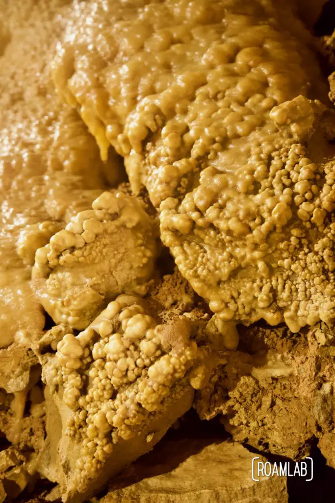 Closeup view of bubbling stone in Crystal Onyx Cave.