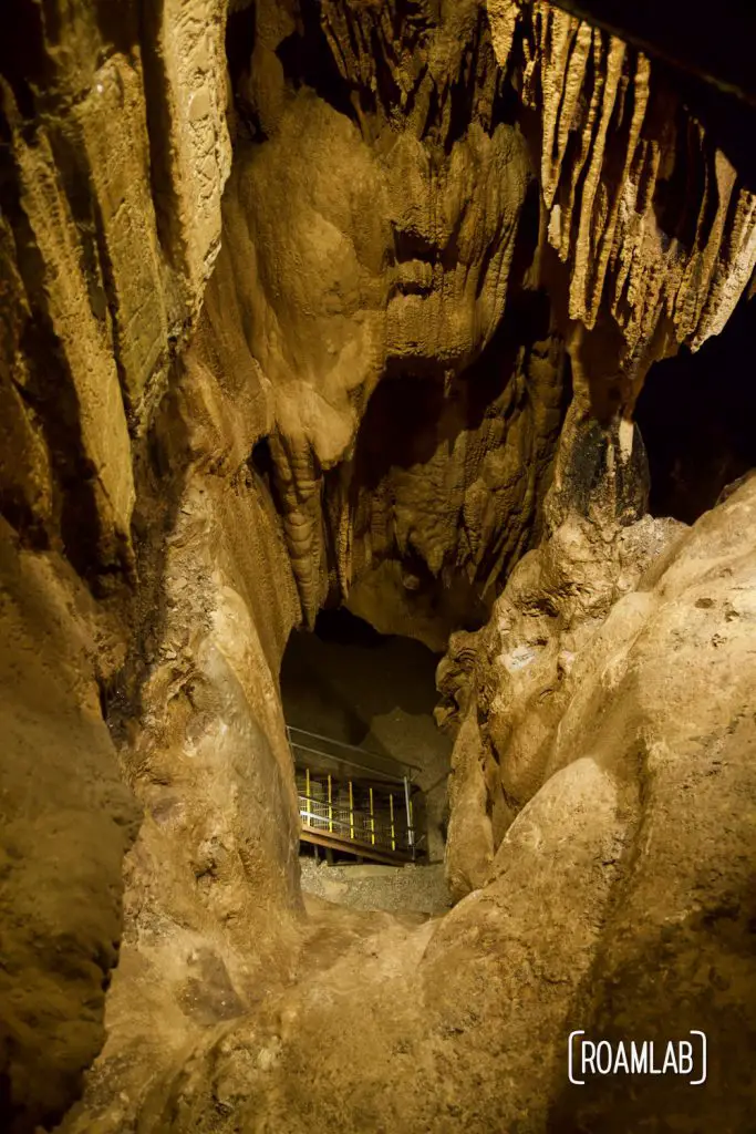 View down into the staircase of Crystal Onyx Cave's lower level.