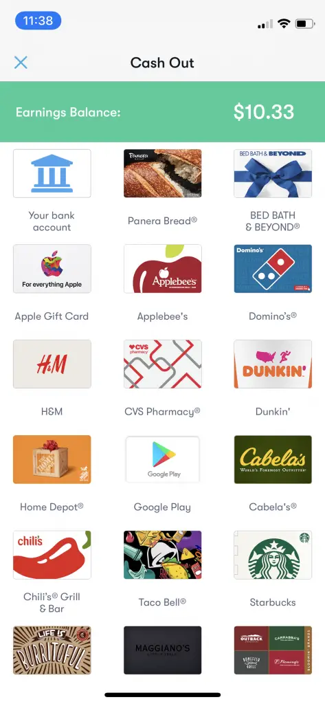 Screenshot of "Cash Out" view on the Upside iPhone App.