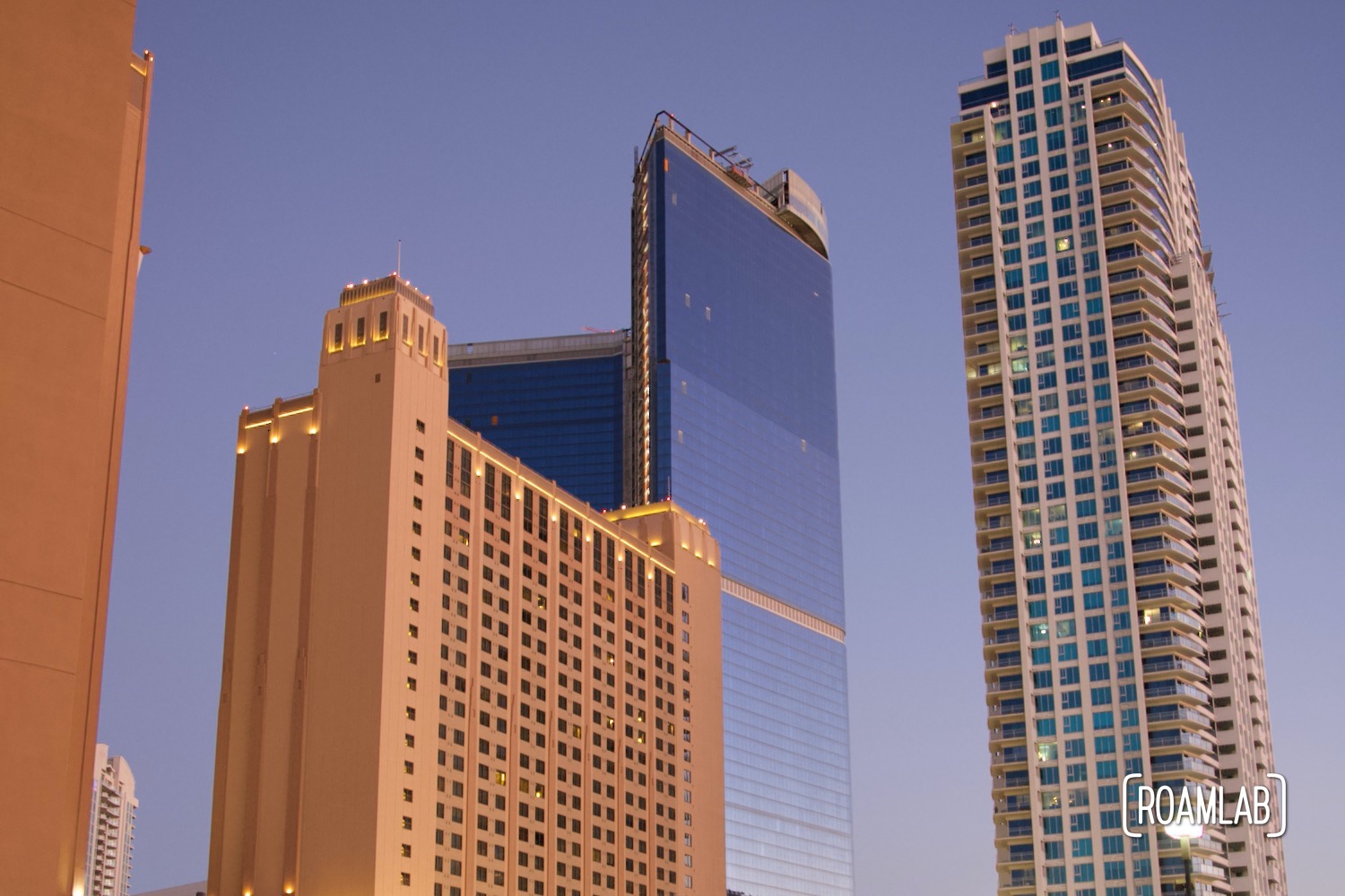 Tall buildings in the evening light of Las Vegas, Nevada.