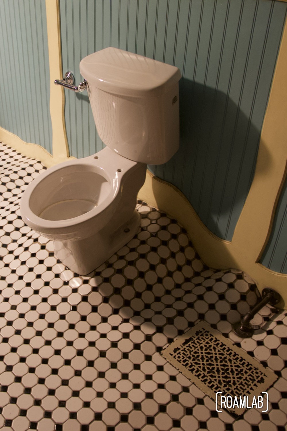 Toilet in a warped bathroom at the House of Eternal Return, Meow Wolf's Santa Fe, New Mexico Location