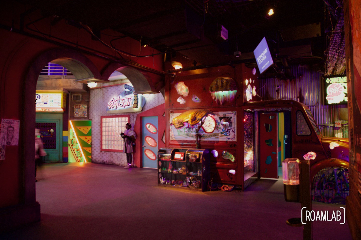 Cyberpunk inspired metropolis of C Street at Convergence Station, Meow Wolf's Denver, Colorado location.