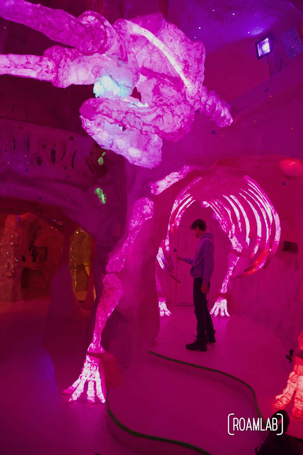 Man standing in the rib cage of a psychedelic mammoth at the House of Eternal Return, Meow Wolf's Santa Fe, New Mexico Location