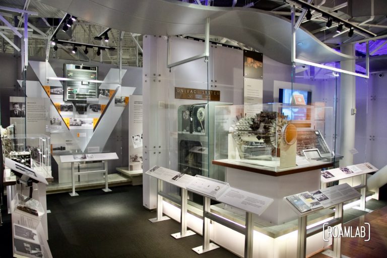 Models and parts of a UNIVAC system on display at the Computer History Museum.