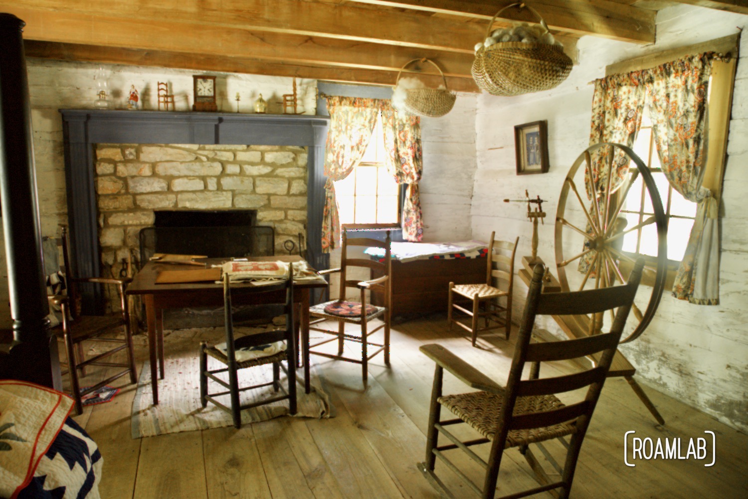 Interior scene arranged around a fireplace in the double pen house of Homeplace 1850s Working Farm and Living History Museum.