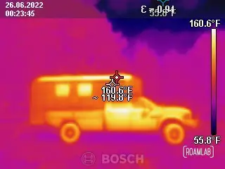 Thermal image of a truck camper registering up to 160.6°F along a strip of solar panels.