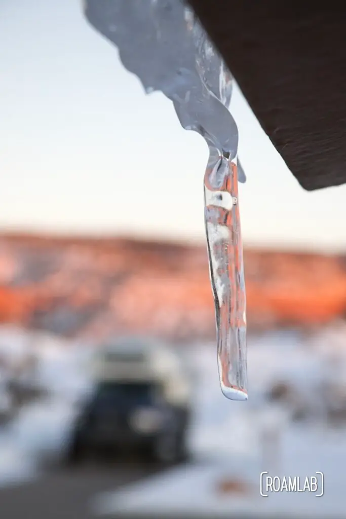 Icicle hanging from the roof line of the bathrooms at Coral Pink Sand Dunes State Park.