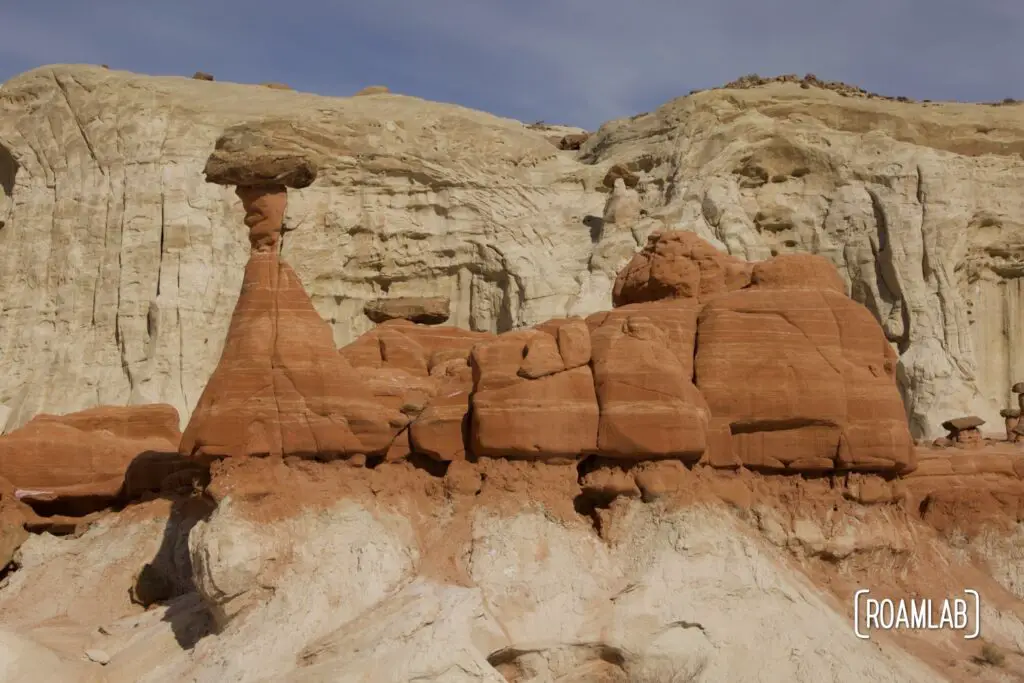 Red sandstone toadstool hoodoo rock formation.