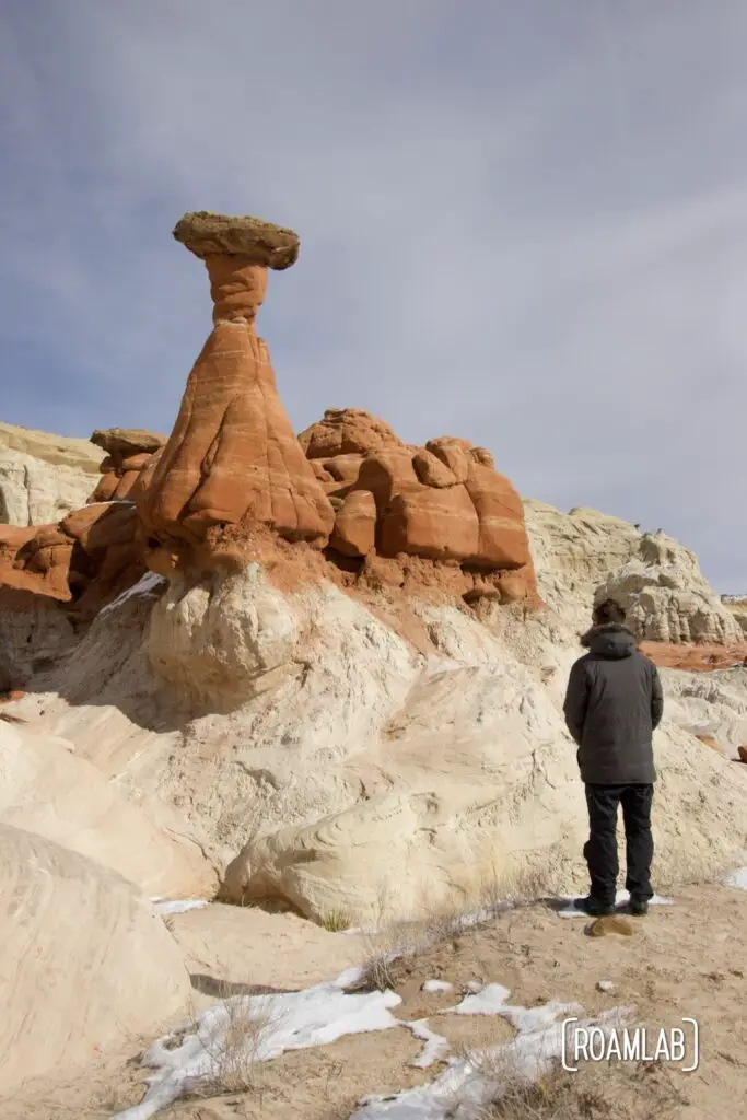 Man standing next to a large red toadstool hoodoo.