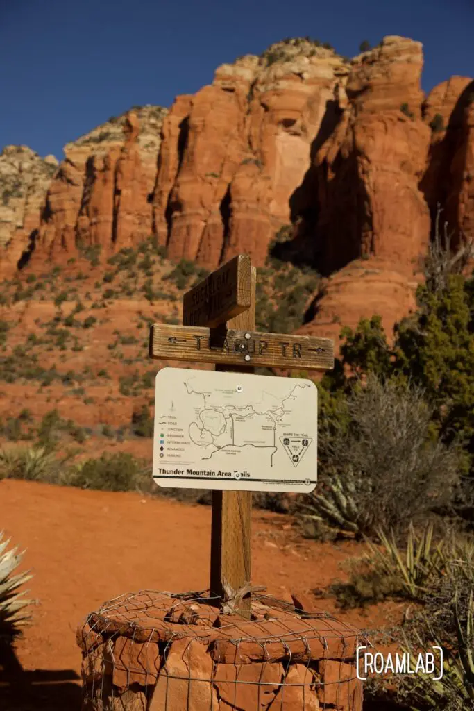 Trail marker with a map on Sugarloaf Loop Trail in Sedona, Arizona.