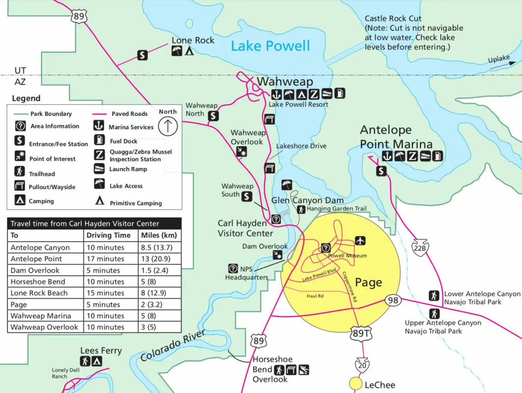 Map of West Lake Powell and Page, Arizona