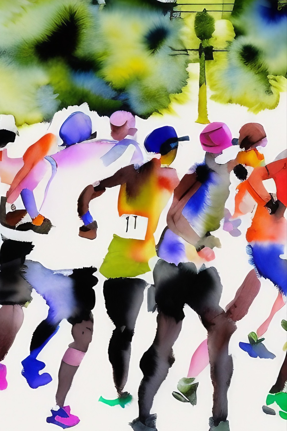 Watercolor of runners in a marathon.