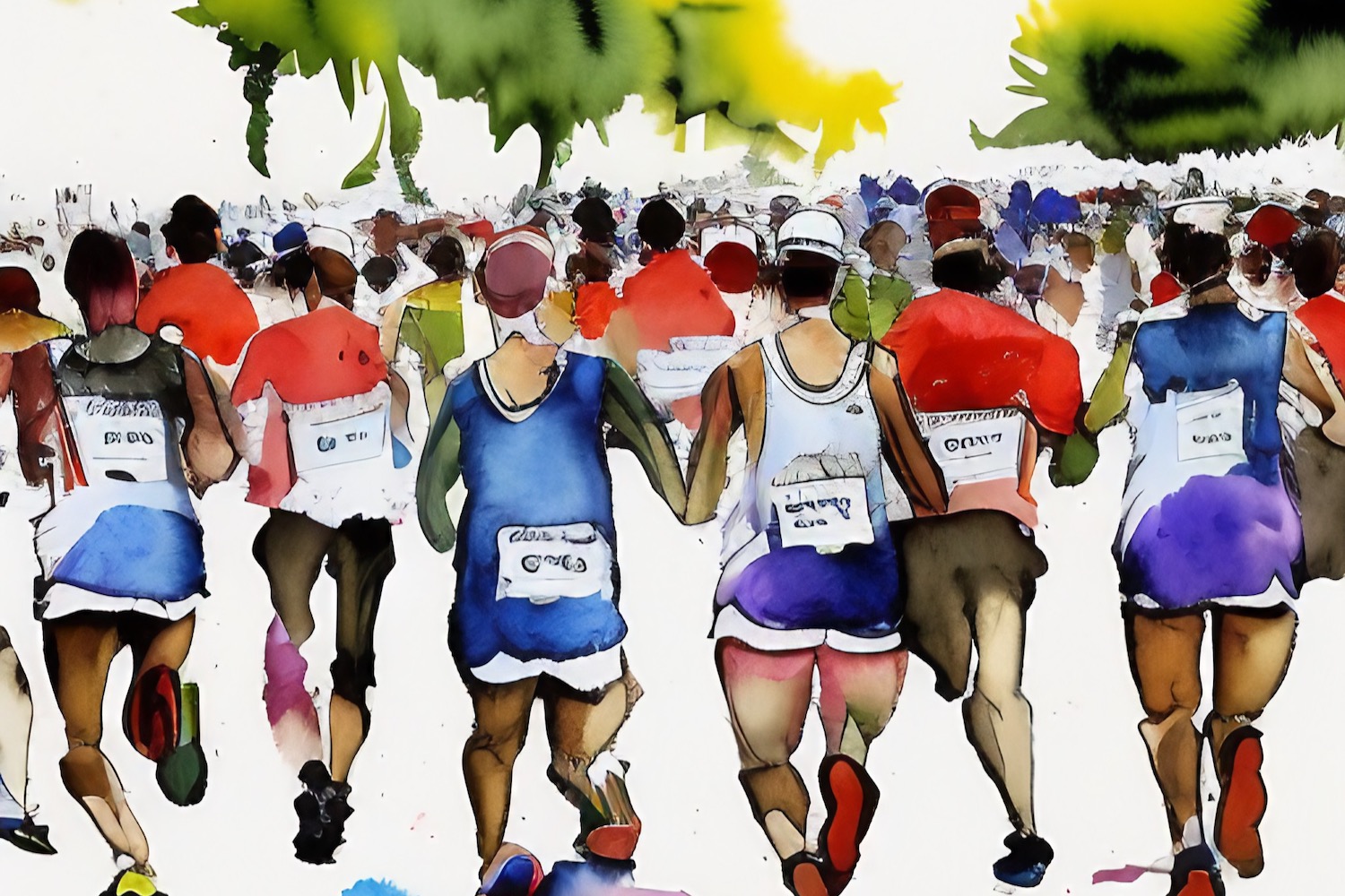 Watercolor of runners in a marathon.